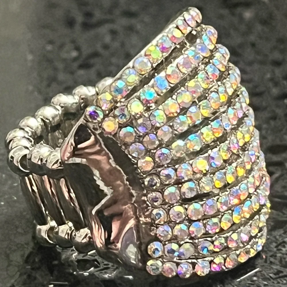 rainbow crystal rhinestone CZ statement aurora borealis cocktail ring silver